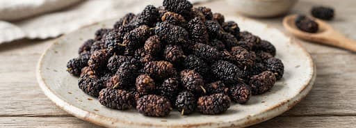 Dried black mulberries on a ceramic plate