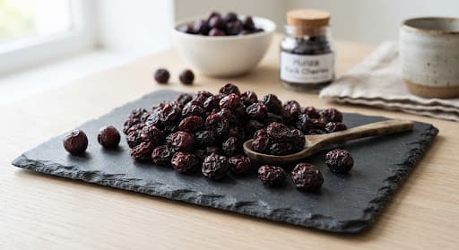 Dried black cherries on dark slate