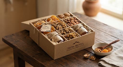 A gift box of dried fruit, nuts, and honey tied with twine
