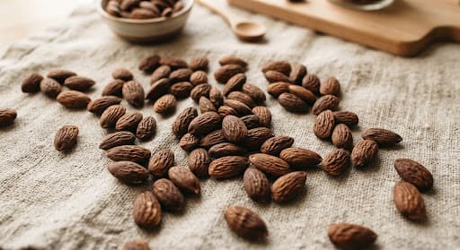 Raw almond kernels spread on linen
