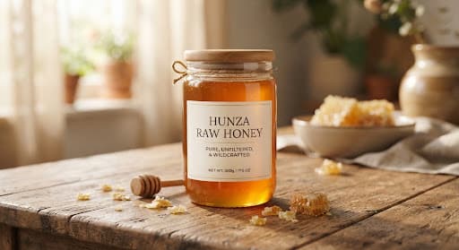 A glass jar of golden Hunza raw honey with honeycomb on a wooden table