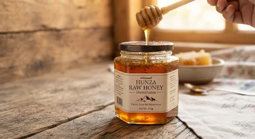 A jar of raw honey in warm morning light