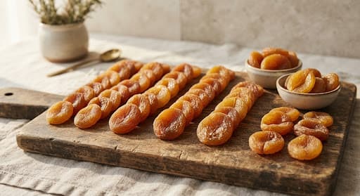 Golden dried apricots on a wooden board